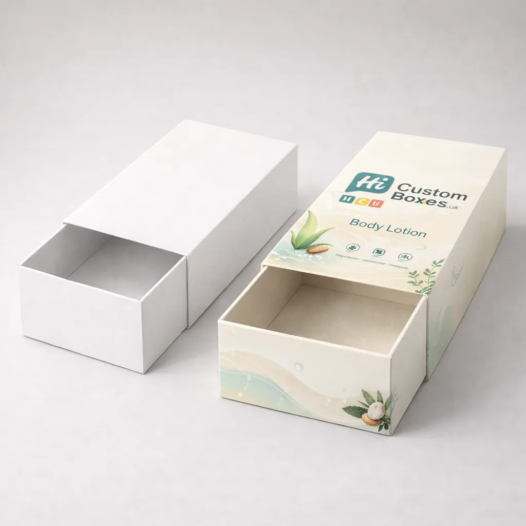 Two cardboard counter display units, one plain white and one with branded graphics for body lotion. class=
